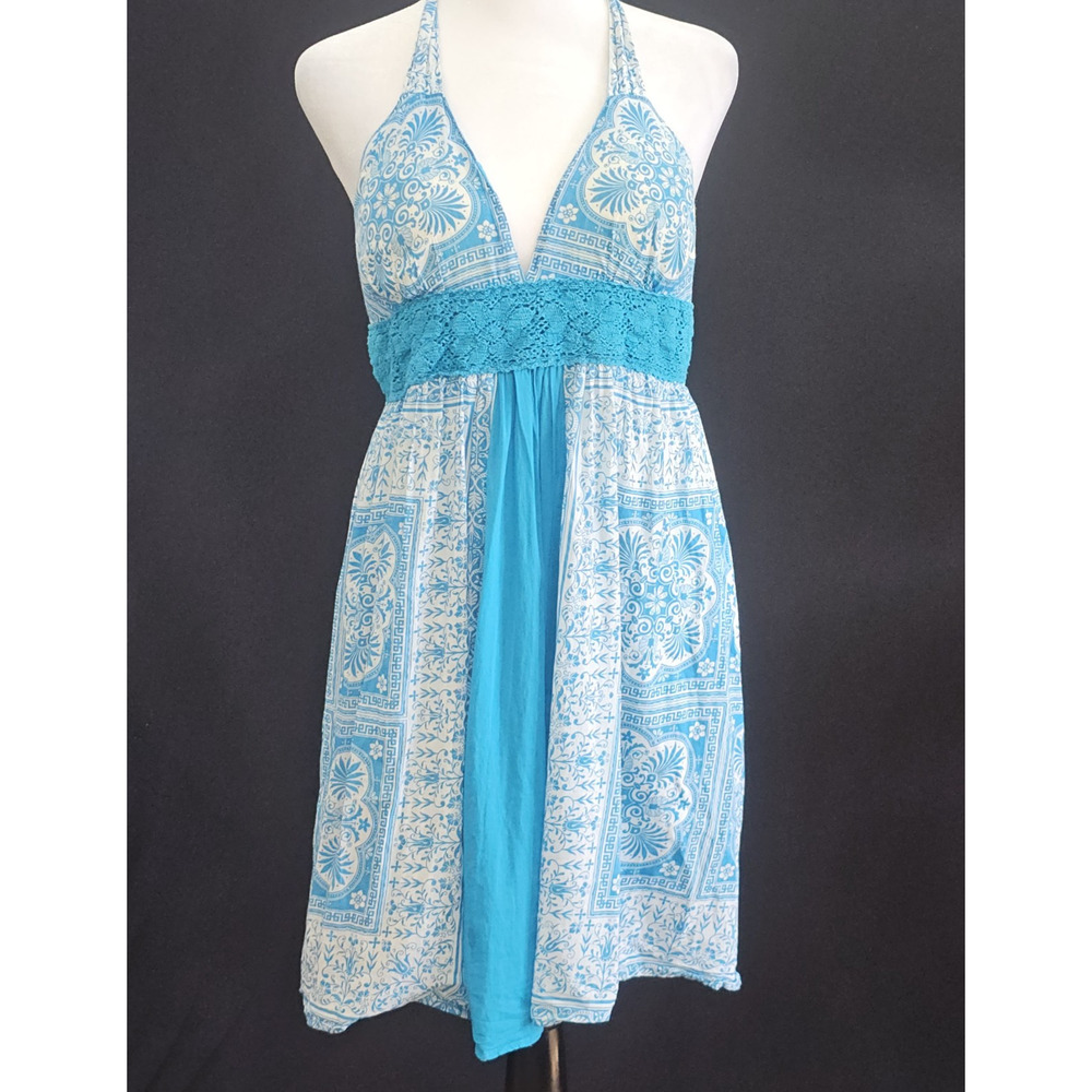 Apollo Teal Blue Floral Y2K Coquette Babydoll Mini Halter Dress Size M Soft Girl
